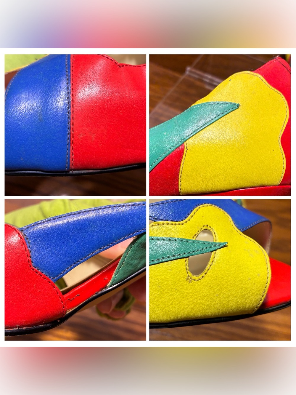 Vintage 80s 90s Calico Colorblock Leather Peep Toe Heels Size 10 - Picture 15 of 16
